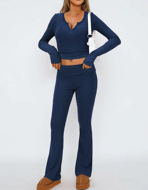 Load image into Gallery viewer, FAIRY SEASON Womens 2PC Lounge Set V Neck Top Flare Pants Blue Size XS
