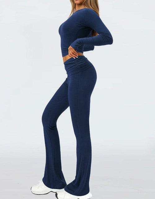 Load image into Gallery viewer, FAIRY SEASON Womens 2PC Lounge Set V Neck Top Flare Pants Blue Size XS
