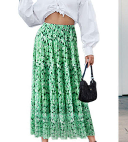 Wielsscca Women's Pleated Floral Chiffon Maxi Skirt Light Green Size L