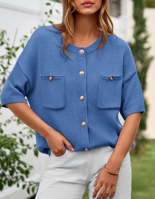 Load image into Gallery viewer, BTFBM Women's Short Sleeve Button Up Cardigan Sweater Blue Size S
