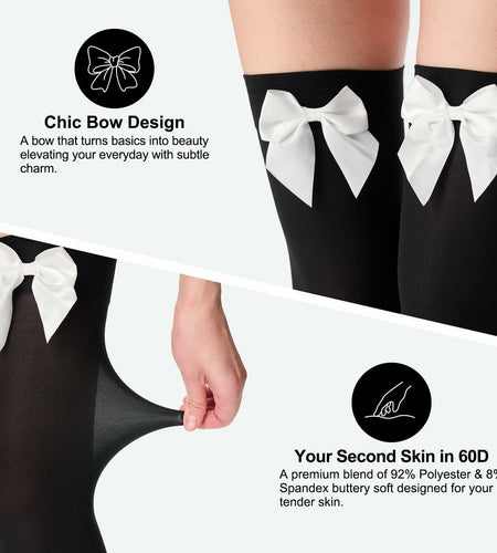 YIGETA Knee High Socks Bow Hold-ups Snag-Resistant Black White