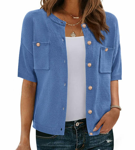 BTFBM Women's Short Sleeve Button Up Cardigan Sweater Blue Size S