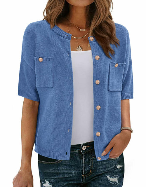 Load image into Gallery viewer, BTFBM Women's Short Sleeve Button Up Cardigan Sweater Blue Size S
