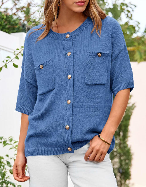 Load image into Gallery viewer, BTFBM Women's Short Sleeve Button Up Cardigan Sweater Blue Size S
