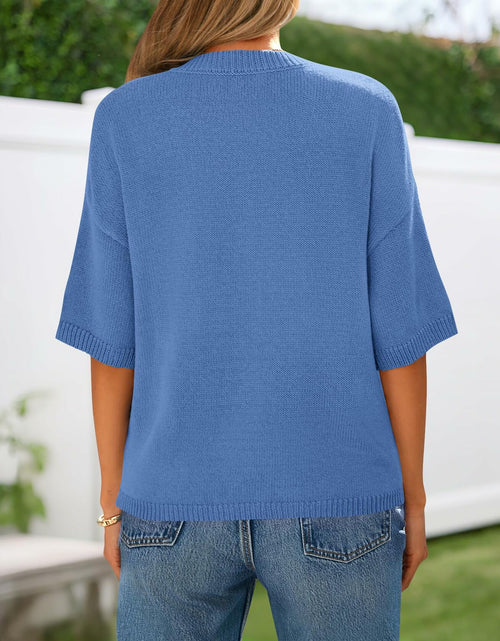Load image into Gallery viewer, BTFBM Women's Short Sleeve Button Up Cardigan Sweater Blue Size S
