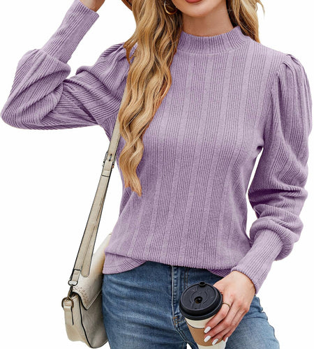 JUSTFASHIONNOW Womens Ribbed Knit Puff Sleeve Sweater Purple Size XL