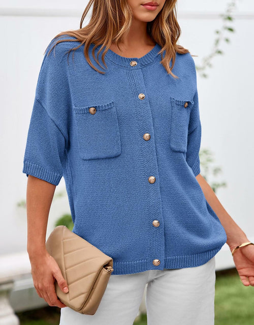 Load image into Gallery viewer, BTFBM Women's Short Sleeve Button Up Cardigan Sweater Blue Size S
