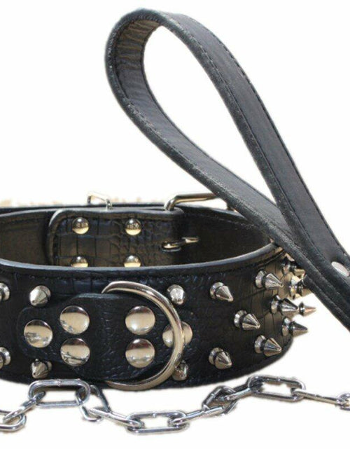 Load image into Gallery viewer, haoyueer Leather Spiked Studded Dog Collar &amp; Chain Leash Set XL Black
