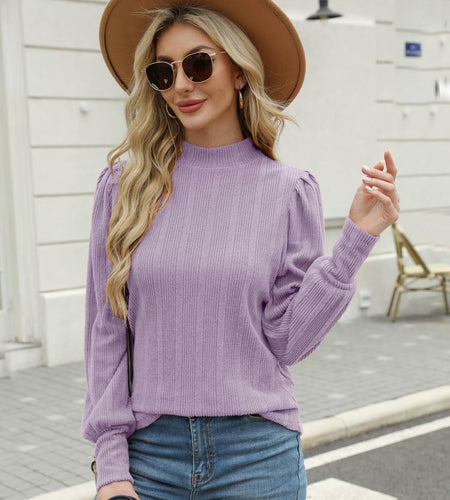 JUSTFASHIONNOW Womens Ribbed Knit Puff Sleeve Sweater Purple Size XL
