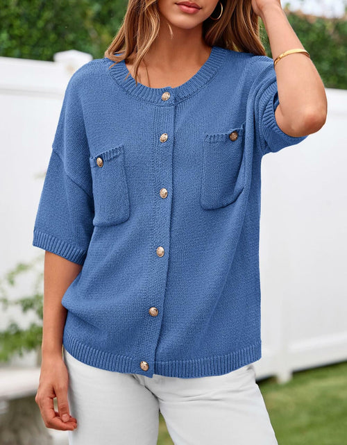 Load image into Gallery viewer, BTFBM Women's Short Sleeve Button Up Cardigan Sweater Blue Size S

