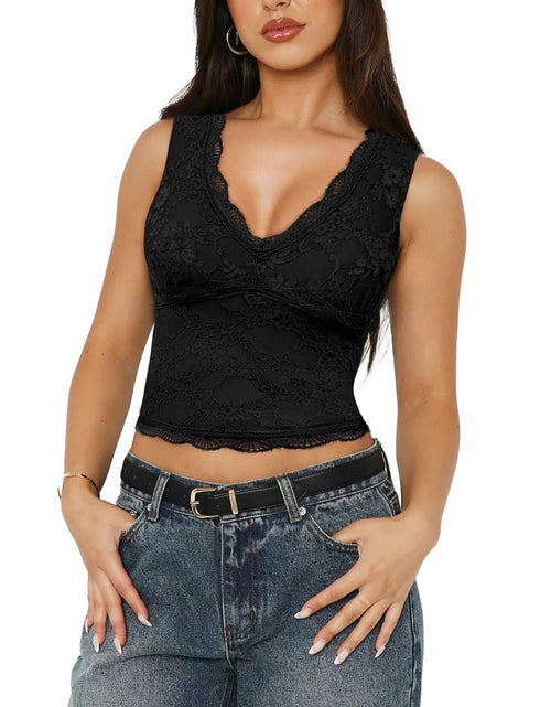 Load image into Gallery viewer, SAUNGKUAI Women's Sexy V Neck Sleeveless Lace Floral Top Bluenova Size L
