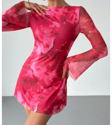 Milumia Women's Floral Bell Sleeve Mini Dress Boat Neck Pink Size M