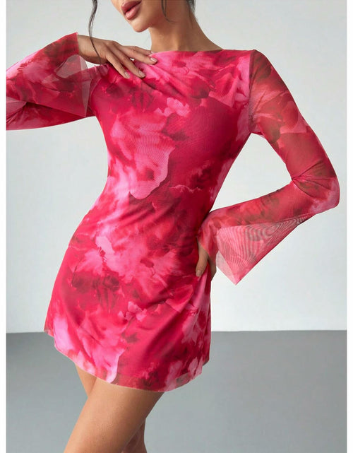 Load image into Gallery viewer, Milumia Women's Floral Bell Sleeve Mini Dress Boat Neck Pink Size M
