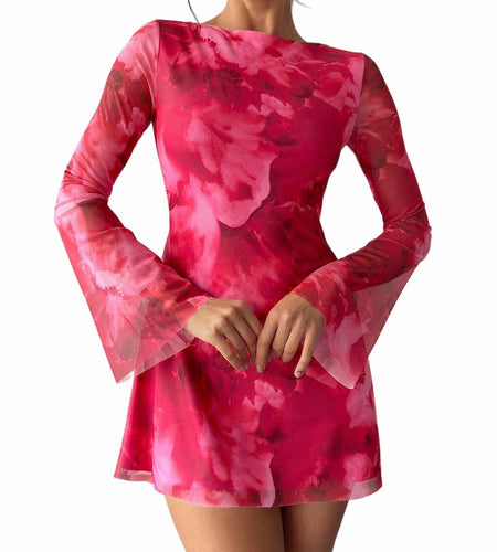 Milumia Women's Floral Bell Sleeve Mini Dress Boat Neck Pink Size M