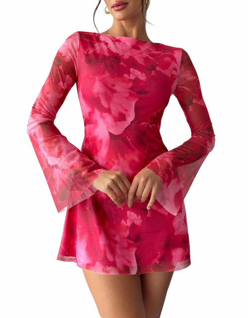 Load image into Gallery viewer, Milumia Women's Floral Bell Sleeve Mini Dress Boat Neck Pink Size M
