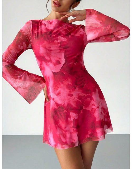 Load image into Gallery viewer, Milumia Women's Floral Bell Sleeve Mini Dress Boat Neck Pink Size M
