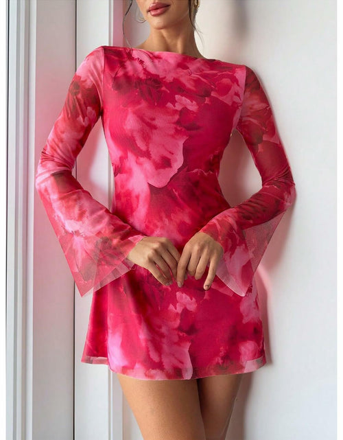 Load image into Gallery viewer, Milumia Women's Floral Bell Sleeve Mini Dress Boat Neck Pink Size M
