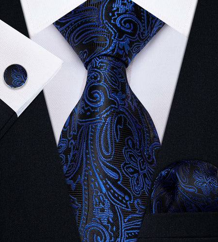 YourTies Mens Blue Silk Paisley Tie Set Necktie Pocket Square Clip Cufflinks
