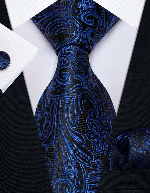Load image into Gallery viewer, YourTies Mens Blue Silk Paisley Tie Set Necktie Pocket Square Clip Cufflinks
