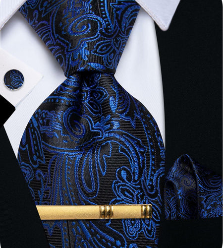 YourTies Mens Blue Silk Paisley Tie Set Necktie Pocket Square Clip Cufflinks