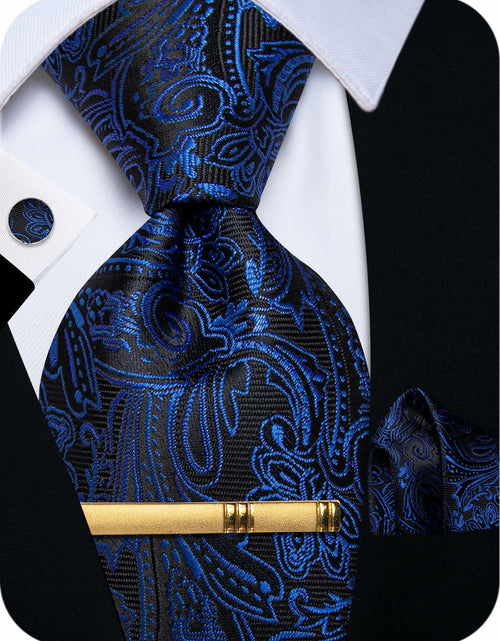 Load image into Gallery viewer, YourTies Mens Blue Silk Paisley Tie Set Necktie Pocket Square Clip Cufflinks
