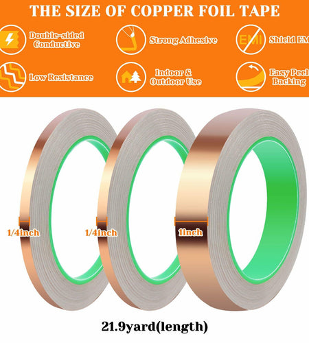 Oubaka 3 Pack Double-Sided Copper Foil Tape 1/4",1/4",1" EMI Shielding