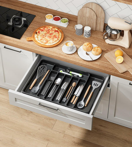 Kitsure Adjustable Cutlery Drawer Organizer Tray 7 Compartments Black