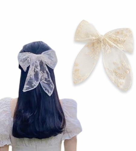 ASIJUNTYECHO Large Lace Hair Bows for Girls Women Tulle Jacquard Clips
