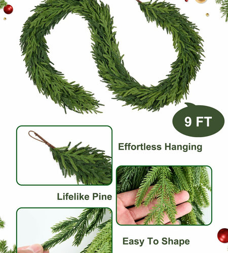 Aurdox 9FT Real Touch Norfolk Pine Garland Green Artificial Christmas