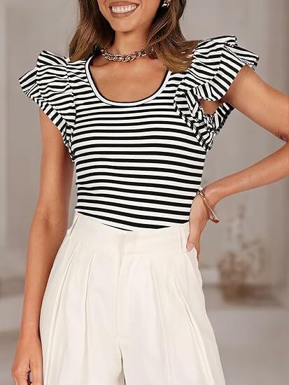 Load image into Gallery viewer, ZESICA Women's Ruffle Short Sleeve Striped Tee Black Size XL
