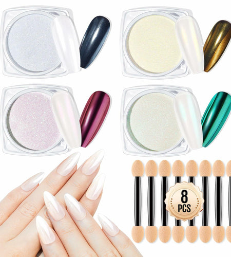 MEFA White Pearl Chrome Nail Powder 4 pcs Mirror Effect Pearlescent Pigment