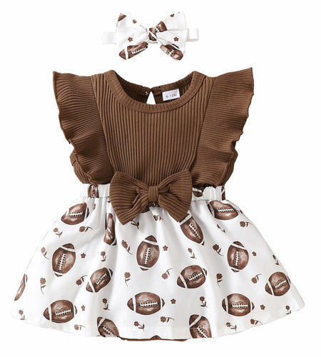 Chichoo Baby Girl Football Ruffle Sleeveless Romper Dress Headband Size 12-18M