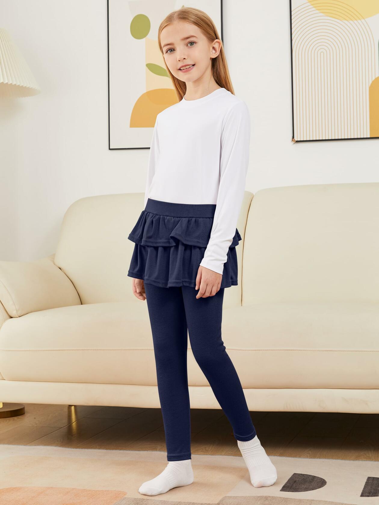 HoeVou Girls Leggings with Skirt Ruffle Pants Black Navy Blue Size 7-8 Years