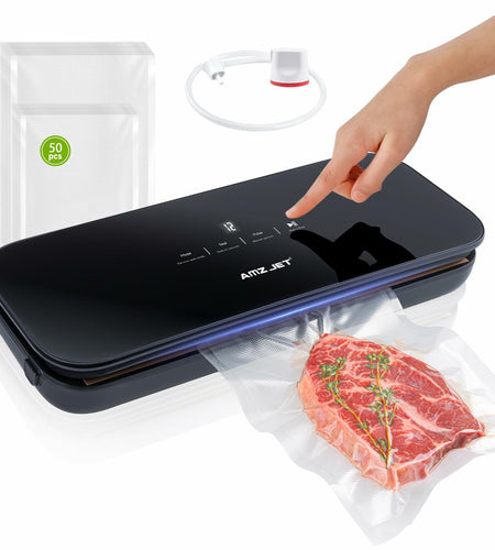 Amz Jet Vacuum Sealer Food LED Touch Digital Display Tempered Glass Black 50Bags