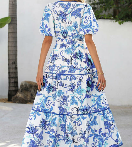 PRETTYGARDEN Summer V Neck Puff Sleeve A-Line Floral Maxi Dress White Blue M