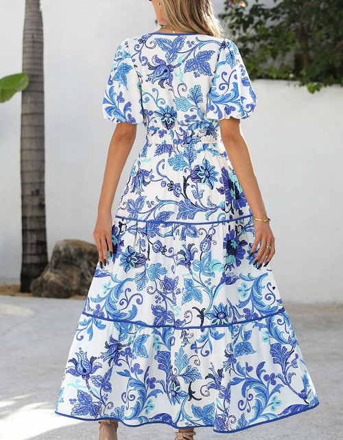 Load image into Gallery viewer, PRETTYGARDEN Summer V Neck Puff Sleeve A-Line Floral Maxi Dress White Blue M
