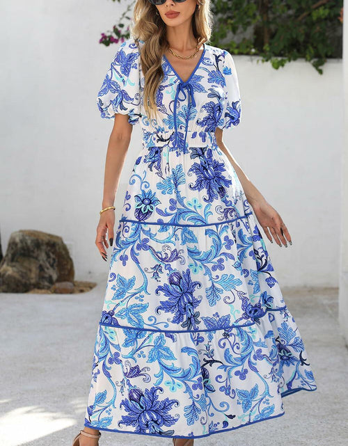 Load image into Gallery viewer, PRETTYGARDEN Summer V Neck Puff Sleeve A-Line Floral Maxi Dress White Blue M
