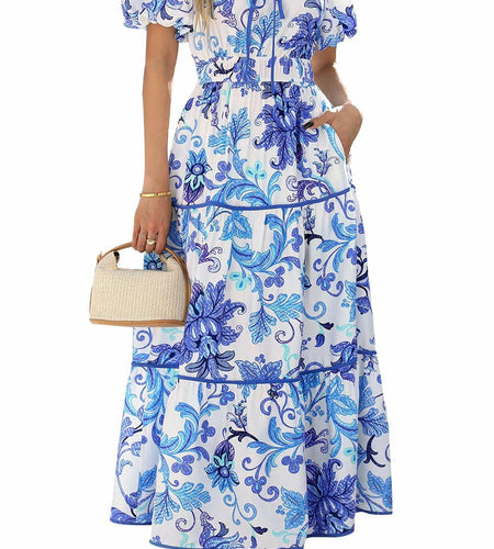 PRETTYGARDEN Summer V Neck Puff Sleeve A-Line Floral Maxi Dress White Blue M