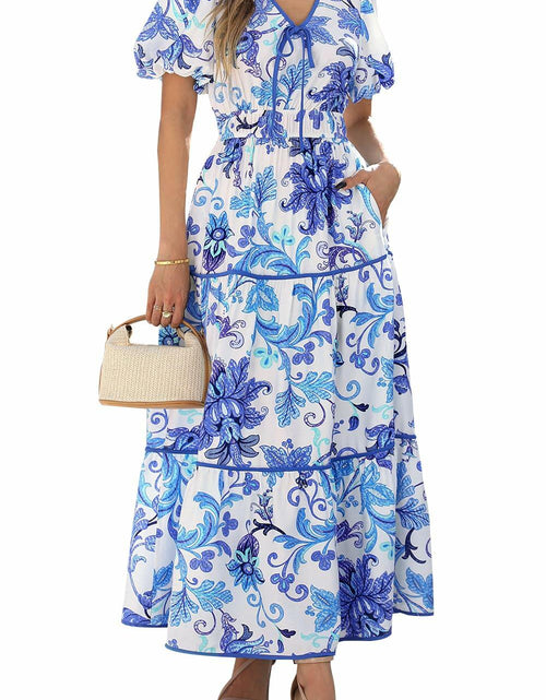 Load image into Gallery viewer, PRETTYGARDEN Summer V Neck Puff Sleeve A-Line Floral Maxi Dress White Blue M

