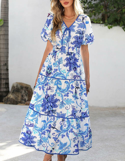Load image into Gallery viewer, PRETTYGARDEN Summer V Neck Puff Sleeve A-Line Floral Maxi Dress White Blue M
