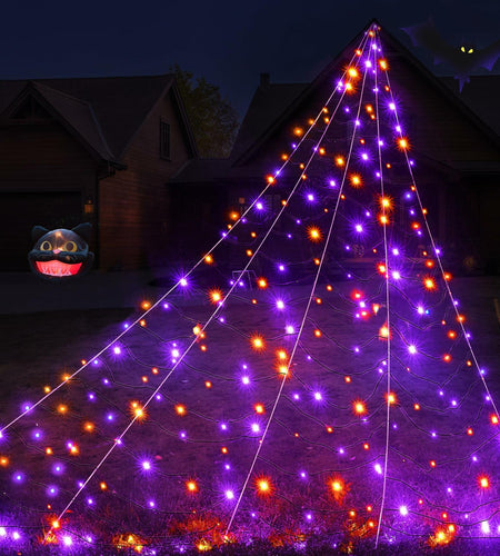 BlcTec Halloween Outdoor Spider Web 19.7x14.7ft White 250 LED Purple Orange