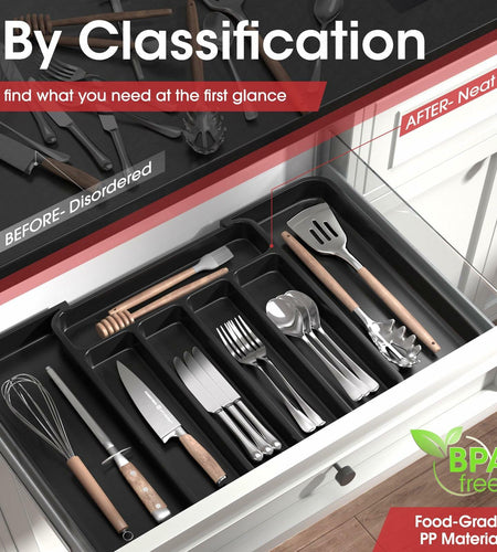 Aujen Expandable Silverware Organizer Kitchen Drawer Tray Black Medium
