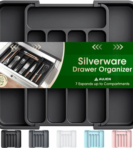 Aujen Expandable Silverware Organizer Kitchen Drawer Tray Black Medium