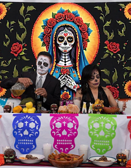 Load image into Gallery viewer, Pardi Day of the Dead Backdrop Banner Floral Black Red Mexican Fiesta Decor
