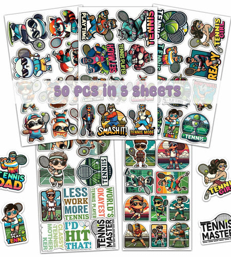 BIGZORO Tennis Stickers Waterproof Vinyl Decals 50 PCS Cartoon Sport