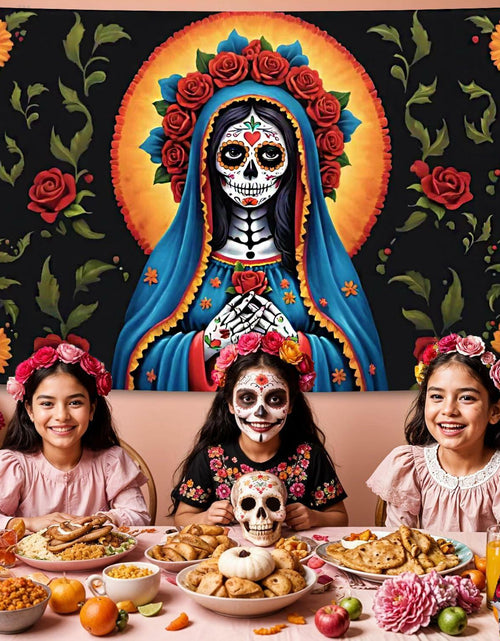 Load image into Gallery viewer, Pardi Day of the Dead Backdrop Banner Floral Black Red Mexican Fiesta Decor
