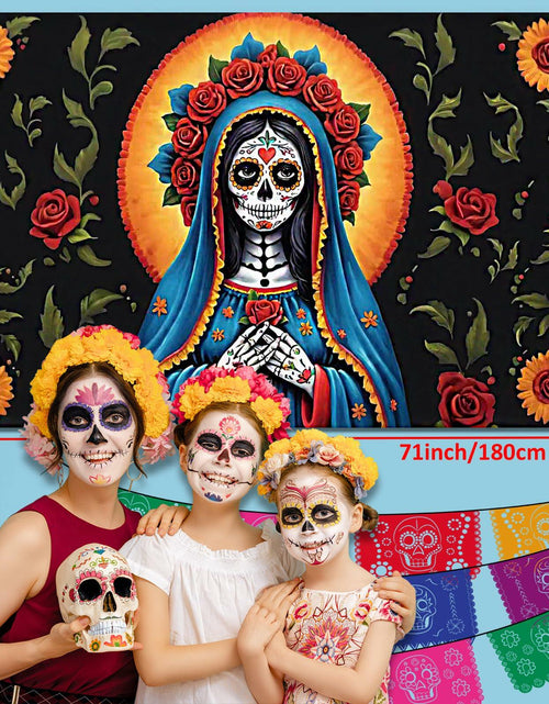 Load image into Gallery viewer, Pardi Day of the Dead Backdrop Banner Floral Black Red Mexican Fiesta Decor
