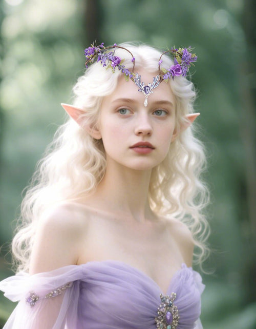 Load image into Gallery viewer, MOSTORY Purple Flower Fairy Crown Woodland Elf Headpiece Floral Circlet
