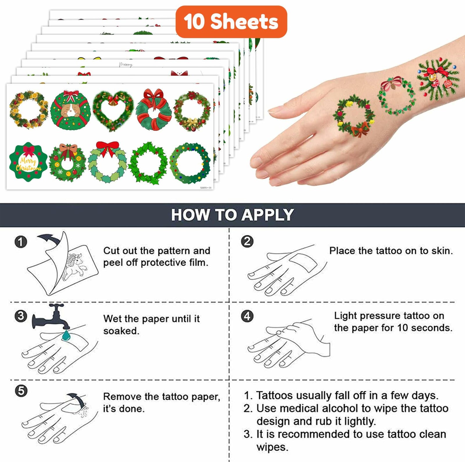 MeoIsDaBest Merry Christmas Temporary Tattoos Xmas Stickers 10 Sheets 100 PCS