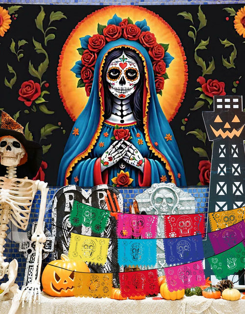 Load image into Gallery viewer, Pardi Day of the Dead Backdrop Banner Floral Black Red Mexican Fiesta Decor
